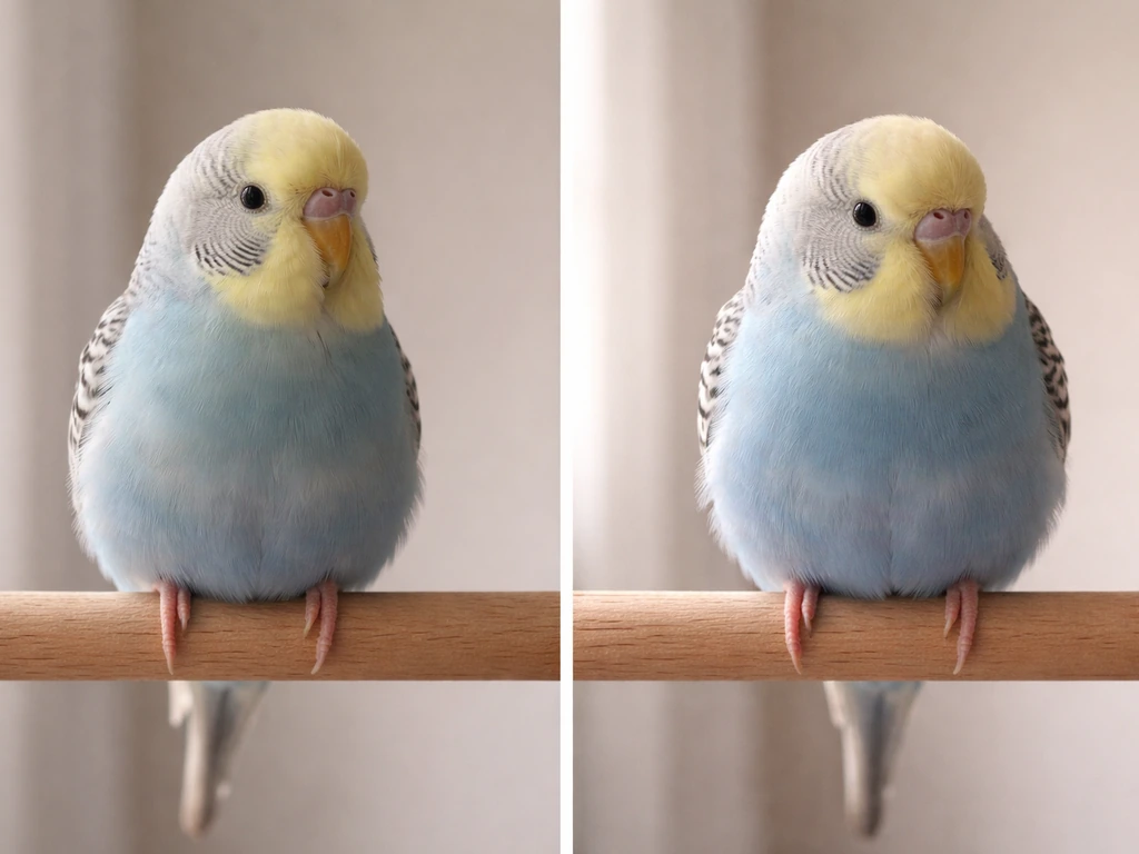 Side-by-side photos of a calm bird posture versus a puffed, tense stressed bird posture.