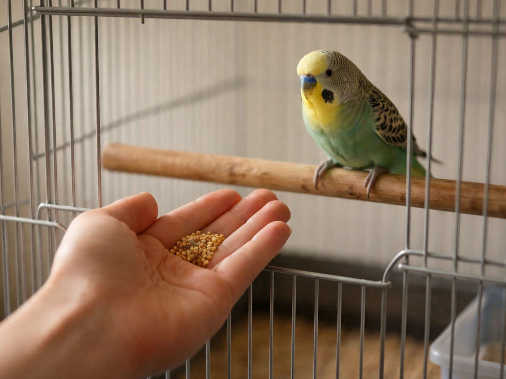 A small pet bird calmly perched while a person offers a treat with a palm-up hand near the cage opening.