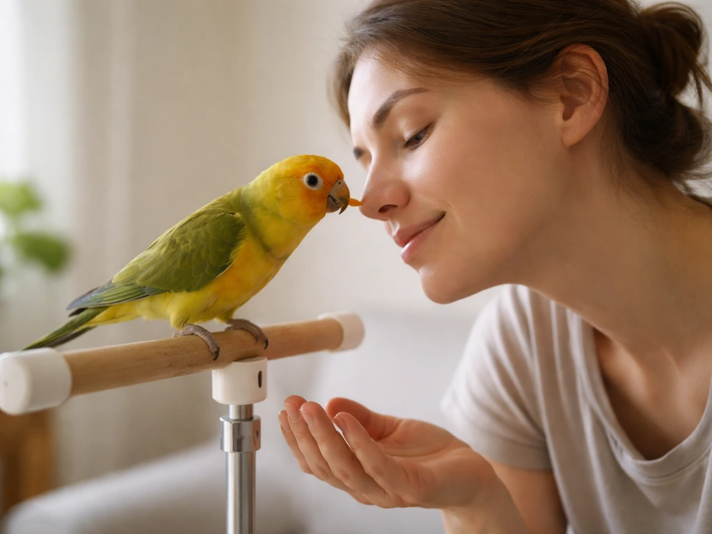 Training session where a small pet bird steps toward a person’s cheek with consent-based calm proximity.