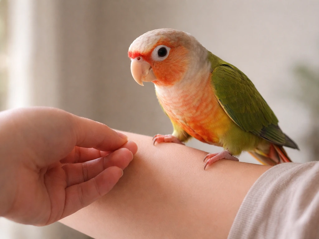 A calm parrot steps onto a relaxed forearm near the shoulder indoors.