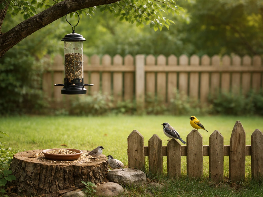 Wild birds perched at a backyard feeder, photographed from a safe distance with no handling.