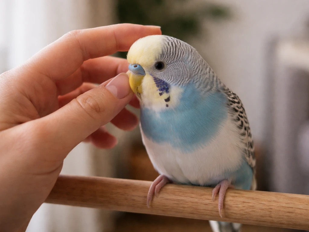 Close-up of a pet bird with hands gently touching safe areas near the head and neck