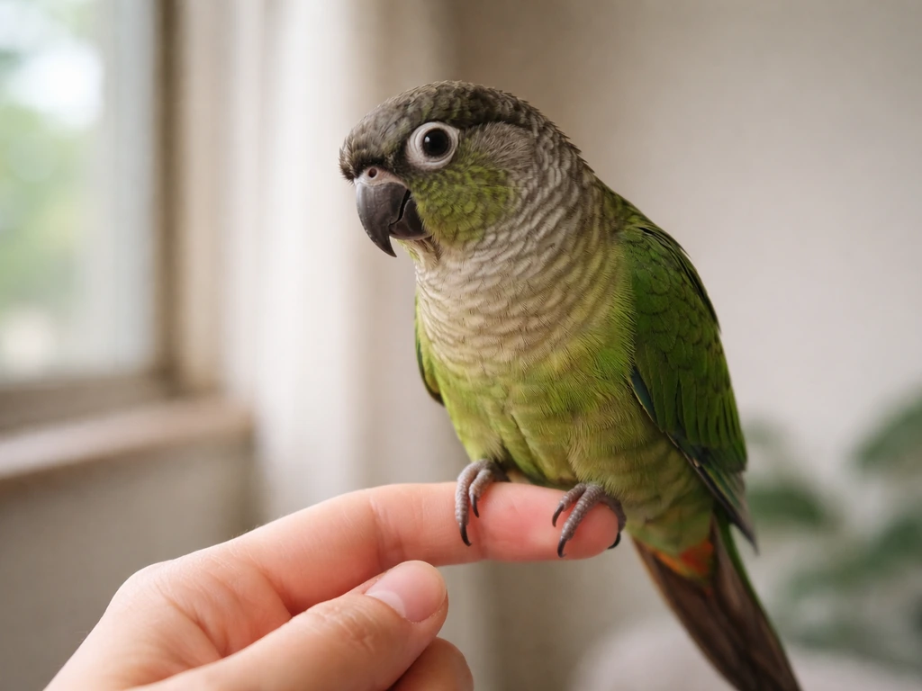 A calm green conure perched on a hand in a quiet indoor training space, relaxed and trusting.