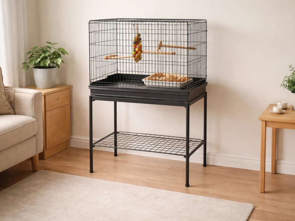Chest-height conure cage in a quiet room, with safe space around perches and foraging area.