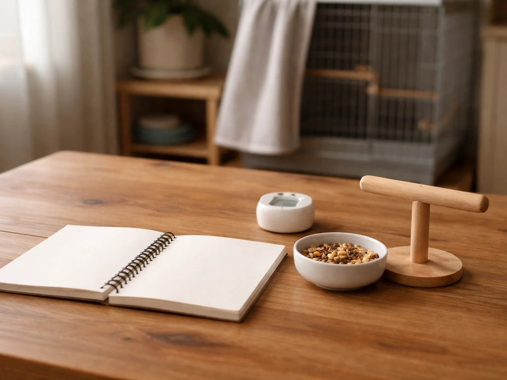 Wooden table with bird food bowl, blank notebook, and a small timer suggesting daily feeding and short training.