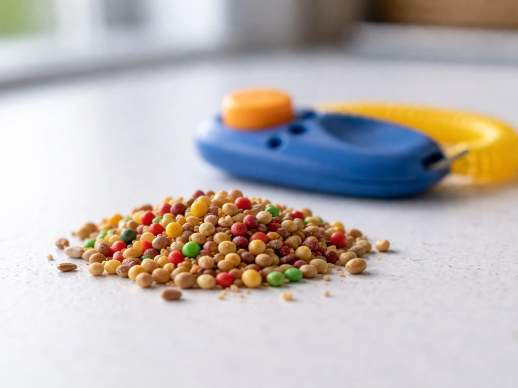 Close-up of small bird training treats next to a clicker on a countertop, showing timing cues.