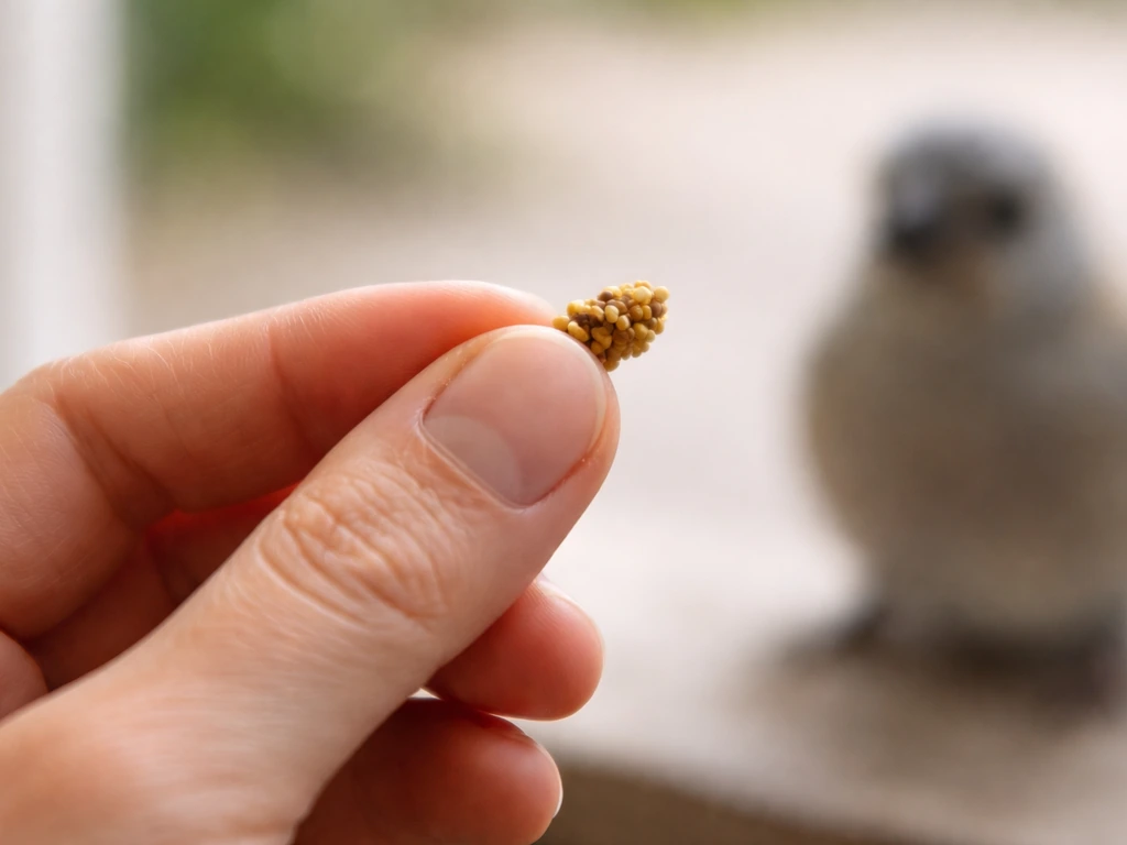 Hand holding a tiny treat in pinch grip, offered at beak level to a small bird.