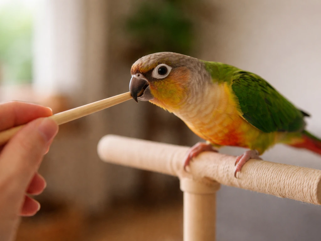 A small conure reaching toward the tip of a chopstick target held near it