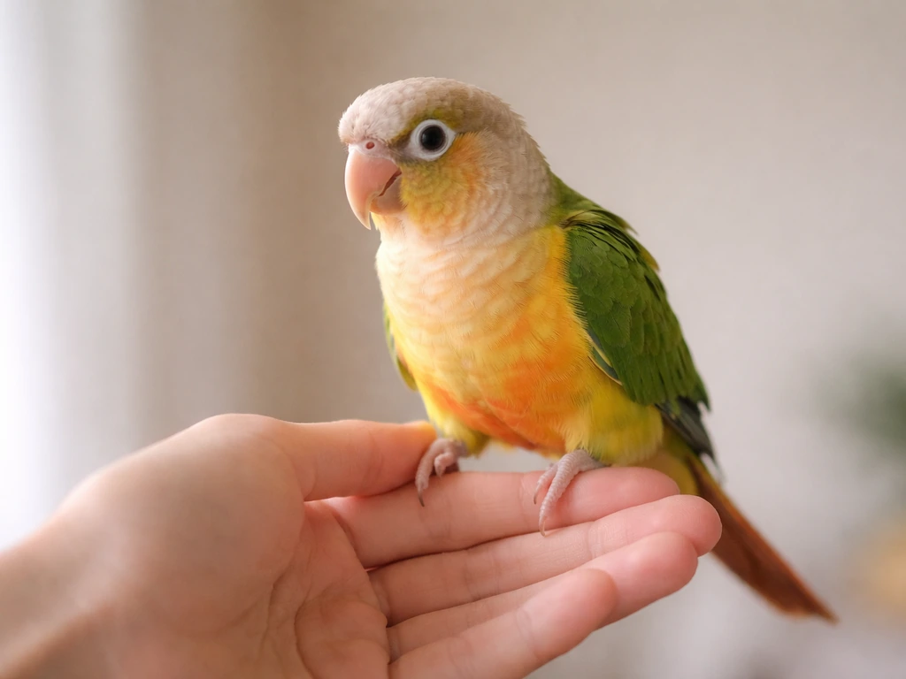 A relaxed conure stepping onto a steady open hand in bright, simple indoor light.