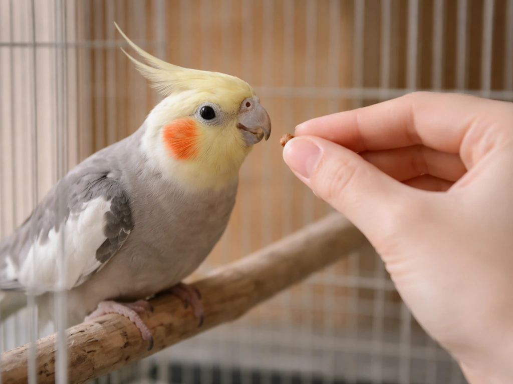 A relaxed cockatiel in a cage leans toward a calm hand offering a small treat.