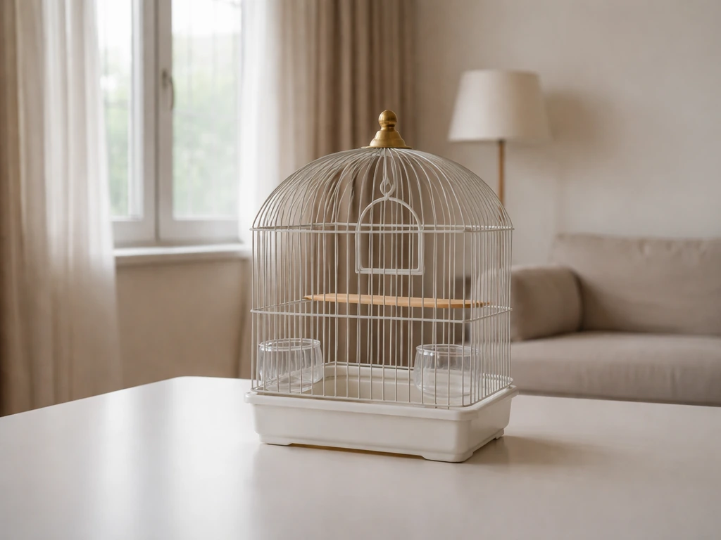 Quiet room with curtains drawn and windows closed, birdcage on a table ready for a calm session.