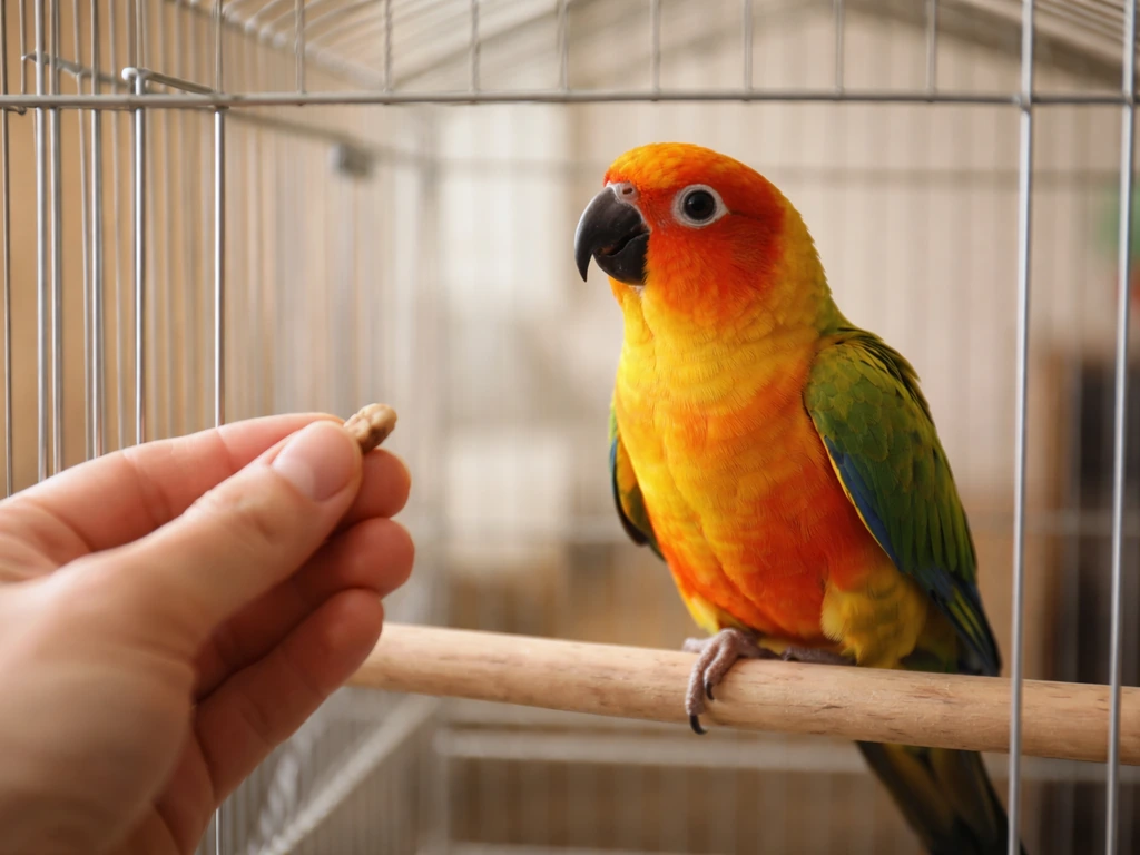 A calm parrot inside a cage watches an open hand offering a treat at cage height.