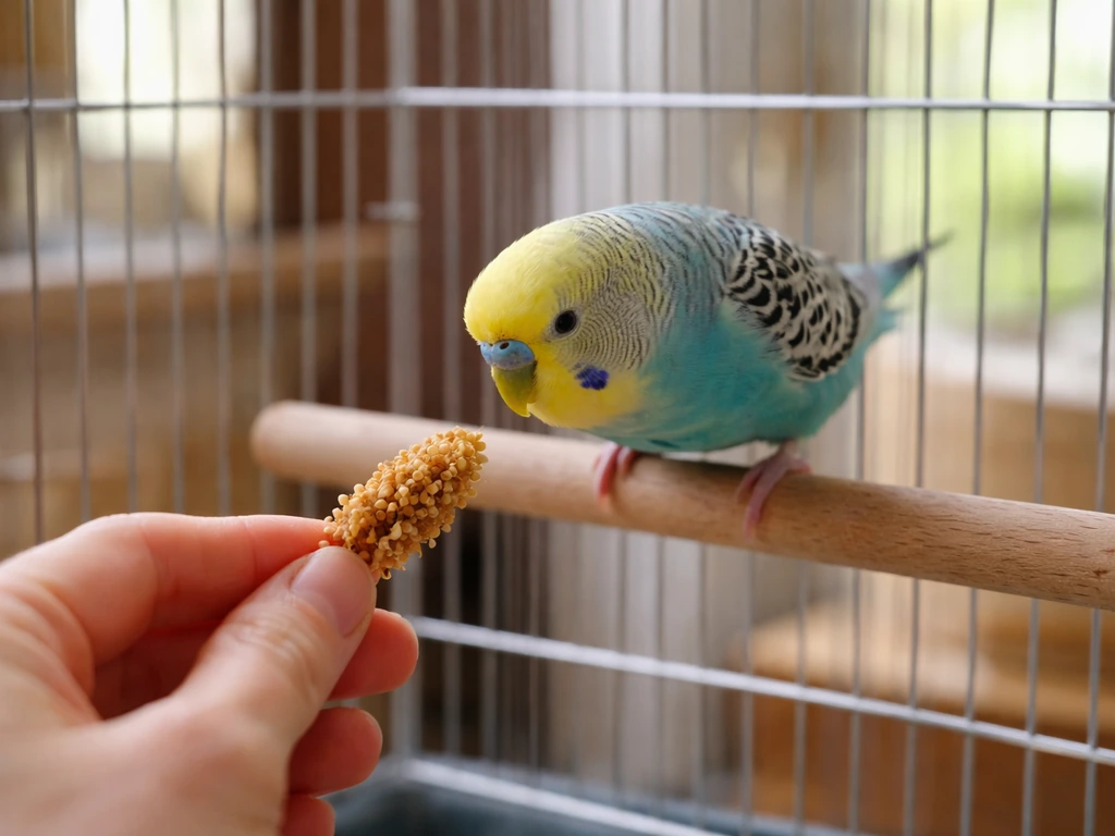 Budgie inside a simple cage approaches a gently held hand with millet spray reward.