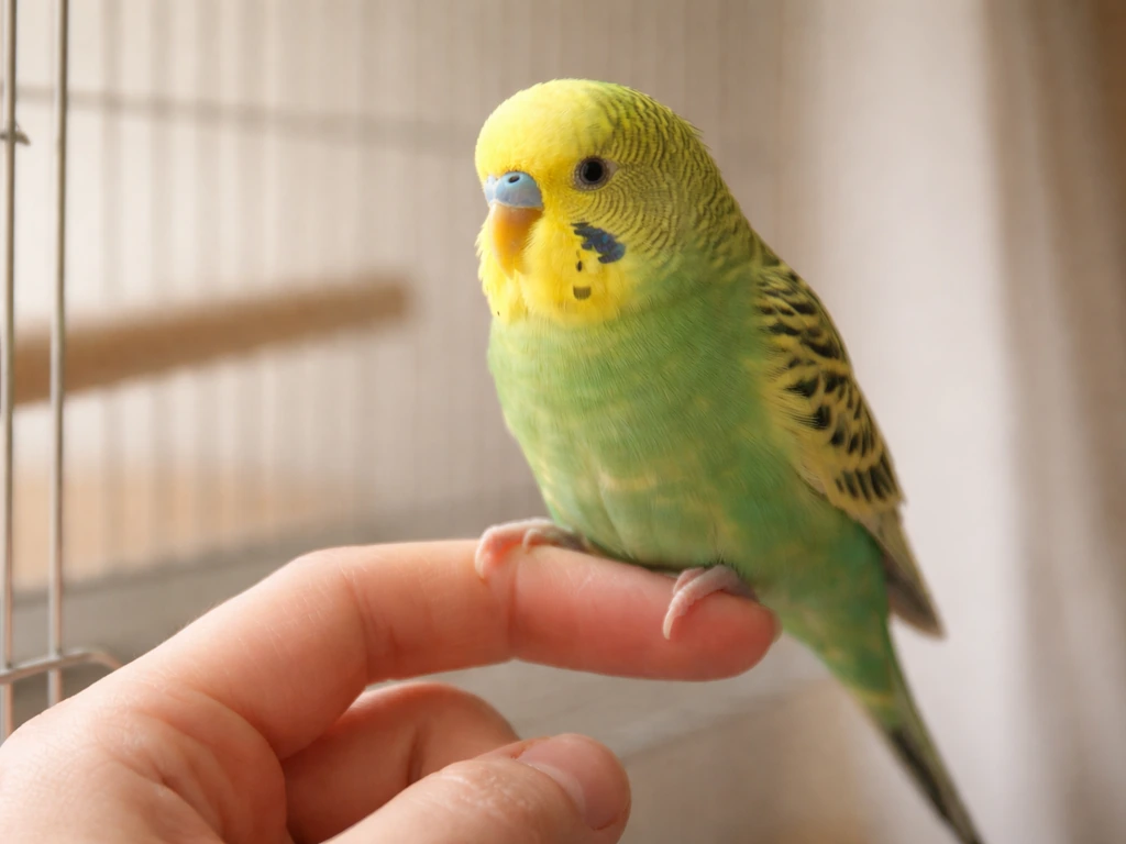 A small budgie perched calmly on a fingertip near an open cage as a hand gently approaches.