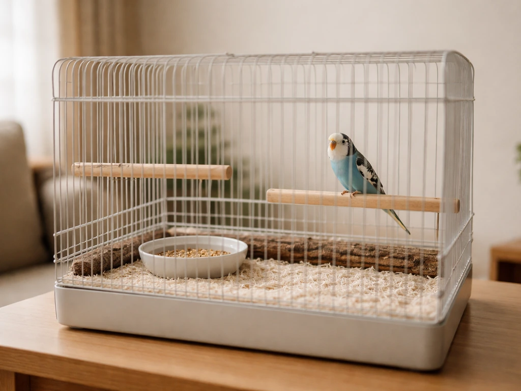 Budgie cage set at safe eye level in a calm, softly lit room with quiet surroundings