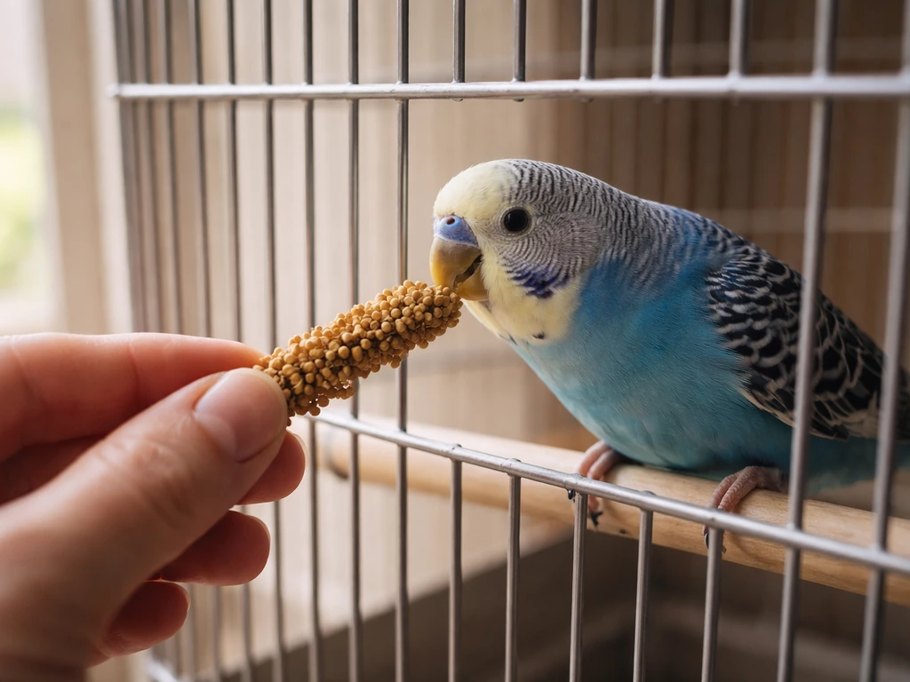 Budgie in a wire cage accepts spray millet from a human hand through the bars.