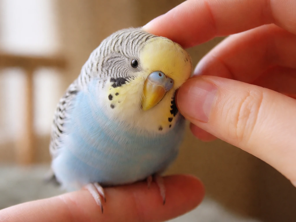 Budgie calmly perched on a fingertip while gently petting its head/cheek area.