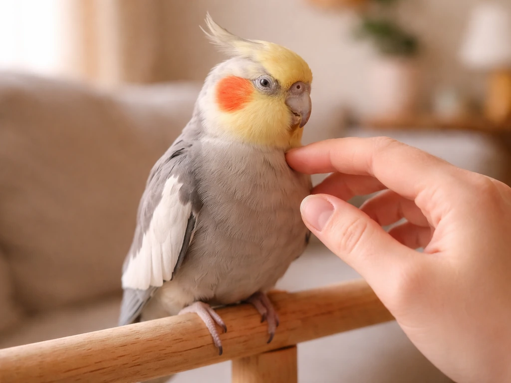 Calm parrot/cockatiel on a perch while a gentle human hand pets its chest safely in warm light
