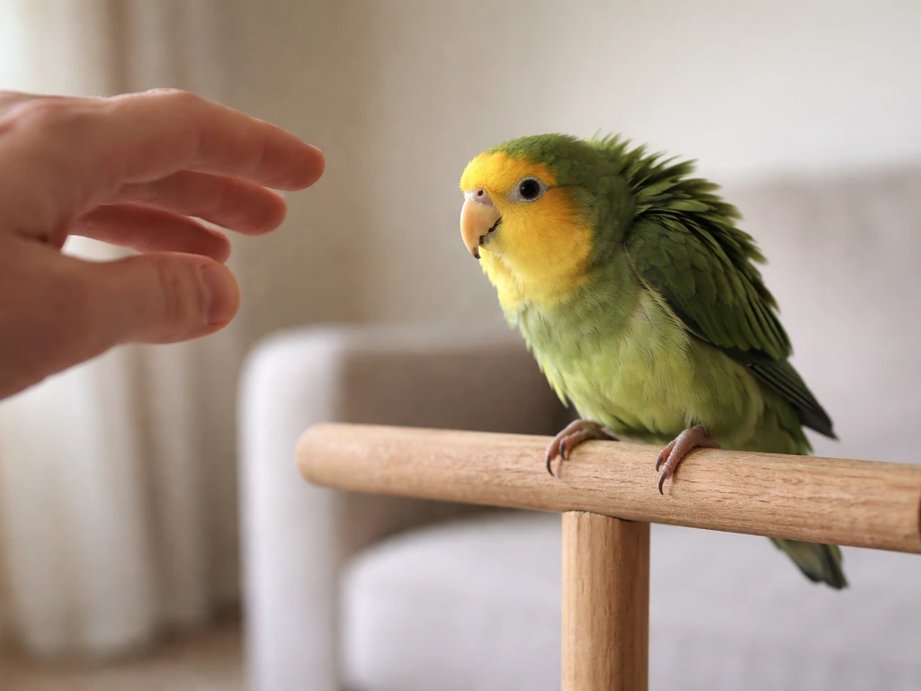 A small pet parrot recoiling from a hand, fluffed feathers and pinned eyes signaling discomfort