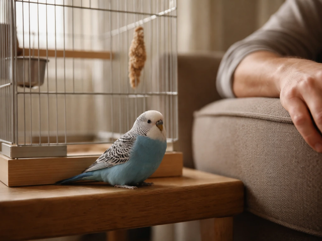 Calm pet bird perched by its cage while an adult nearby keeps still, relaxed and non-threatening.
