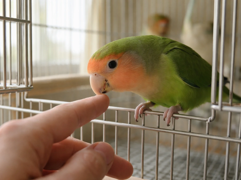 Small parrot leans toward a hand offered near an open cage door as a step-up perch.