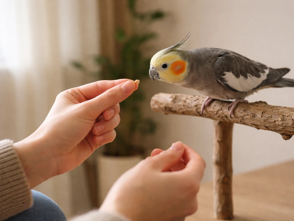 Trainer’s hand offers a treat while a pet bird leans toward them; trainer pauses to respect space.