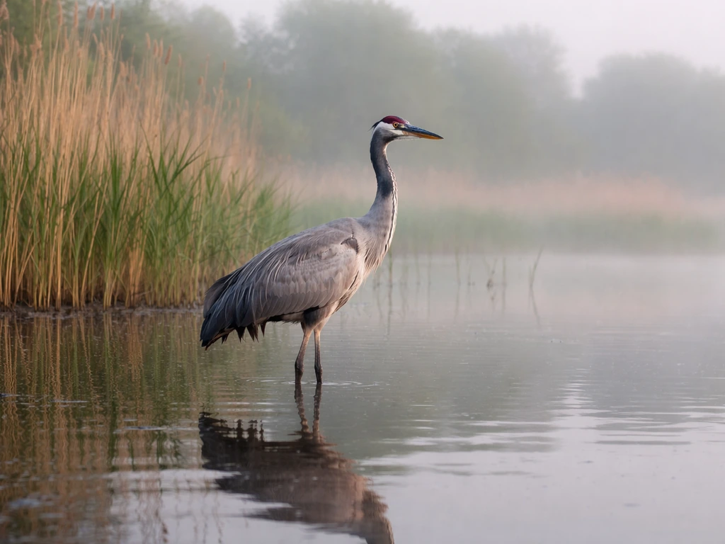 A wild crane bird standing calmly in a peaceful wetland, with a humane safety vibe and no capture scene