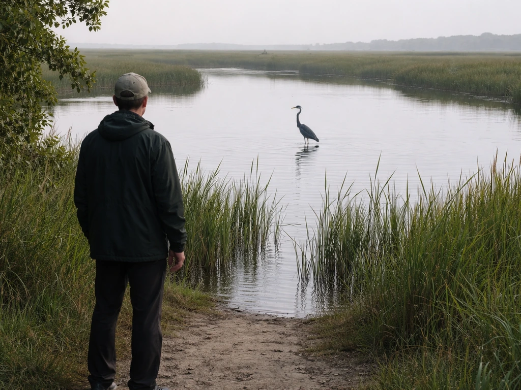 A person observing a crane from a safe distance on a quiet marsh