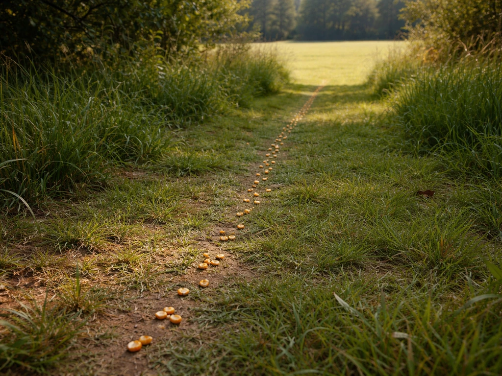 Close view of scattered food kernels on a grassy path leading toward open space, suggesting a humane crane lure.