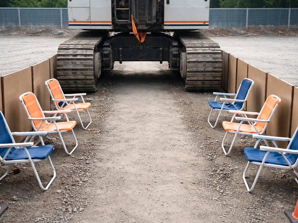 A crane walking through a clear center path bordered by lawn chairs and cardboard panels.
