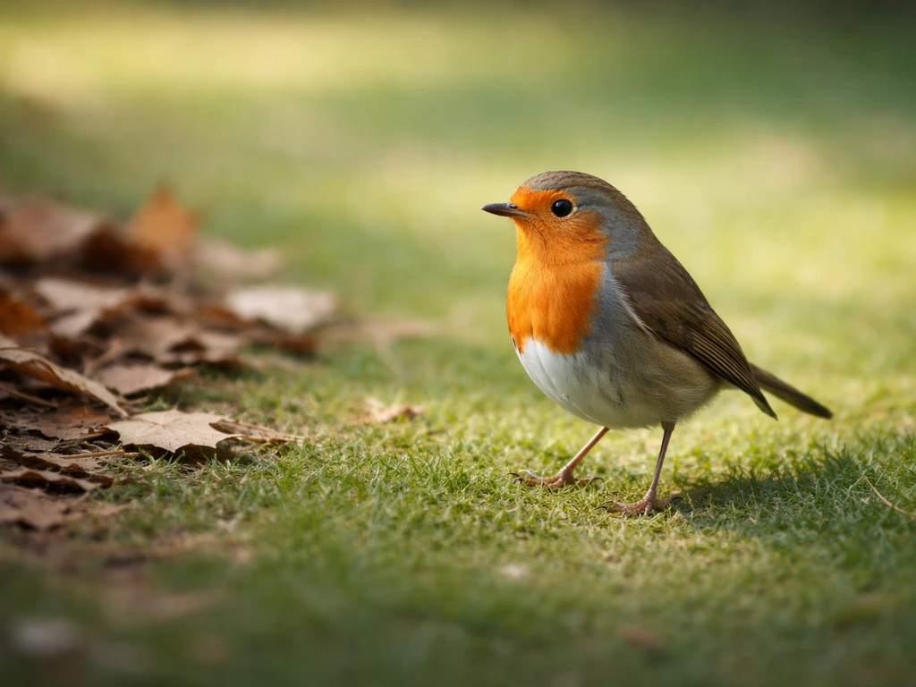 A cautious robin stands on a lawn near leaf litter, suggesting safe, humane observation.
