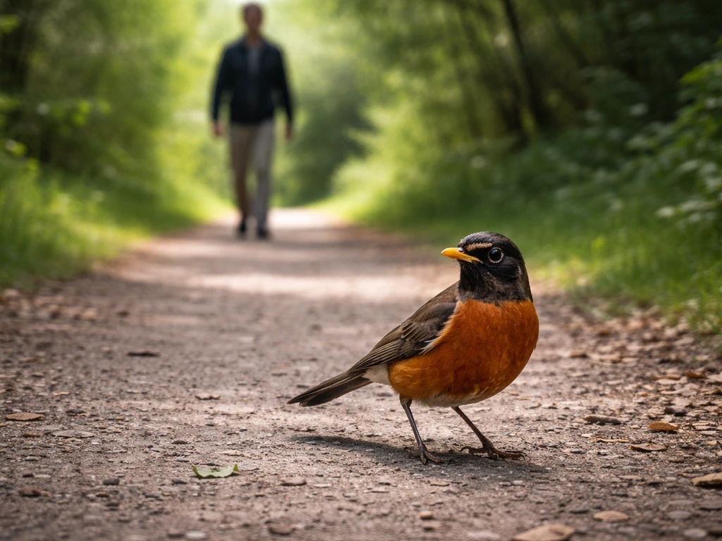 An American robin on a path startled as a person approaches from a distance.