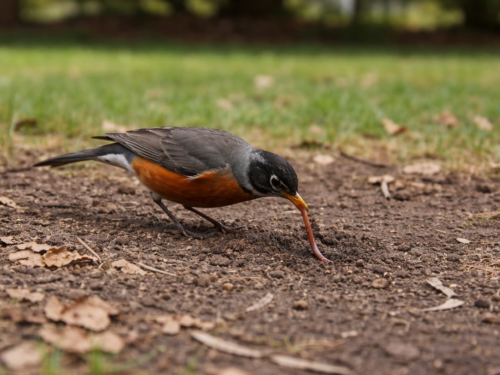 An American robin foraging in bare soil and leaf litter, pulling a worm-like food morsel from the ground.