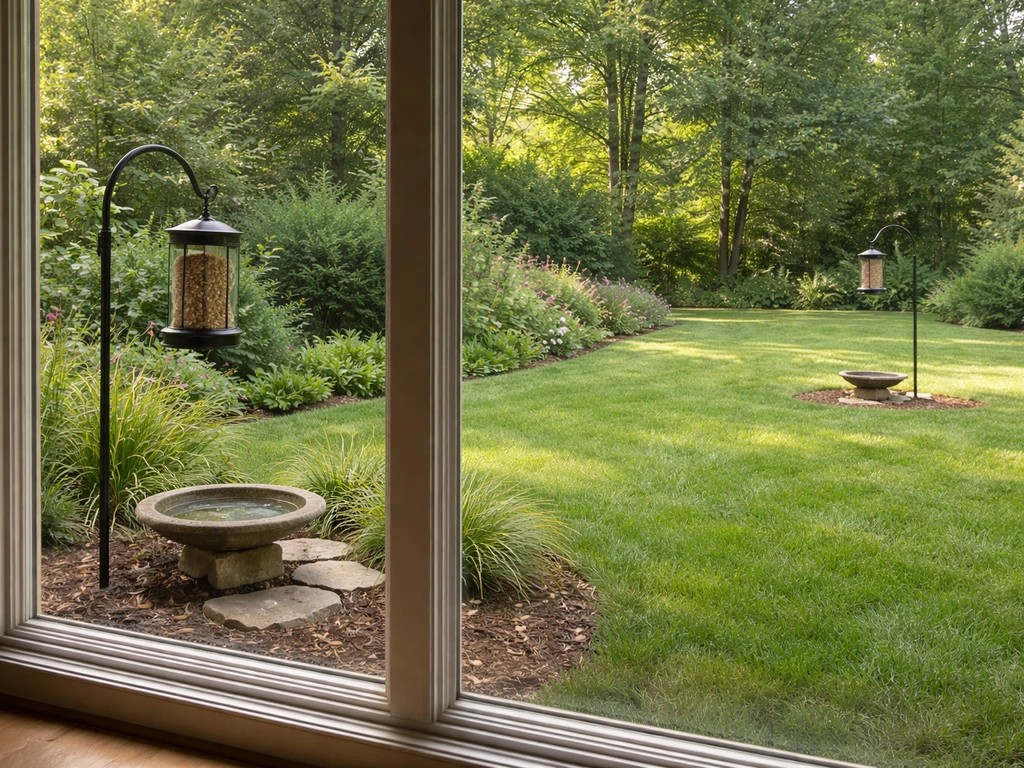 Residential window with bird feeder/bath near the glass and another far away, leaving an empty middle gap.