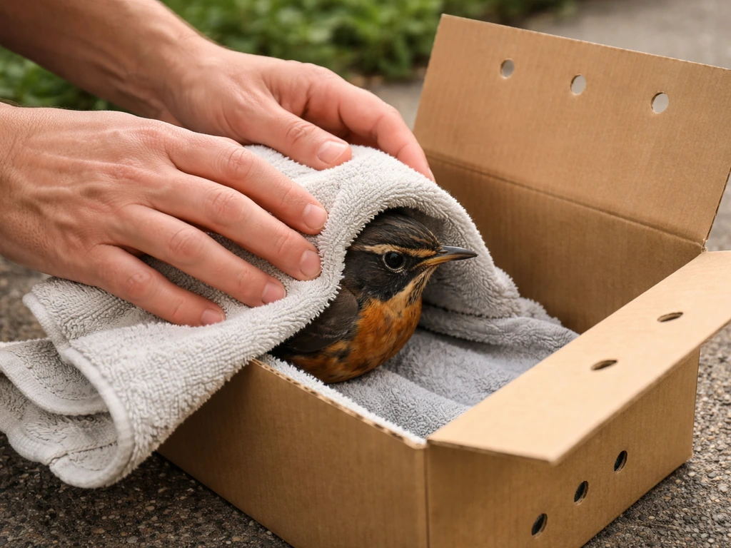 Rescue moment: a robin gently covered with a towel being placed into a ventilated cardboard box.