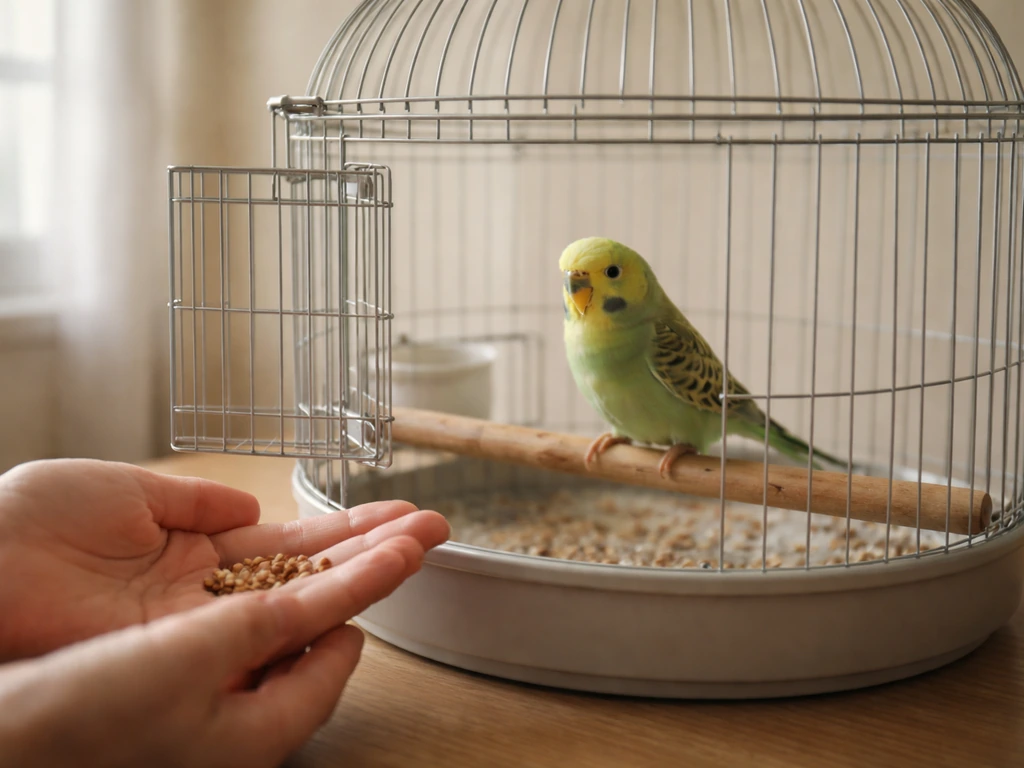 A caretaker’s gentle hand offers treats beside a calm bird in an open cage, indoors with natural light.