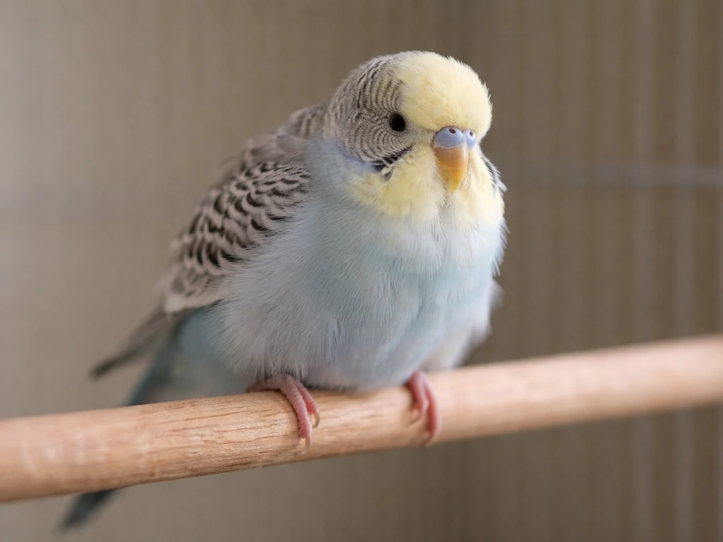 Close-up of a small pet bird on a perch showing puffed feathers and low, tail-bobbing posture.