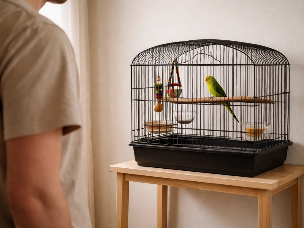 Bird cage positioned at eye level, not on the floor, next to an adult in a simple, well-lit room.