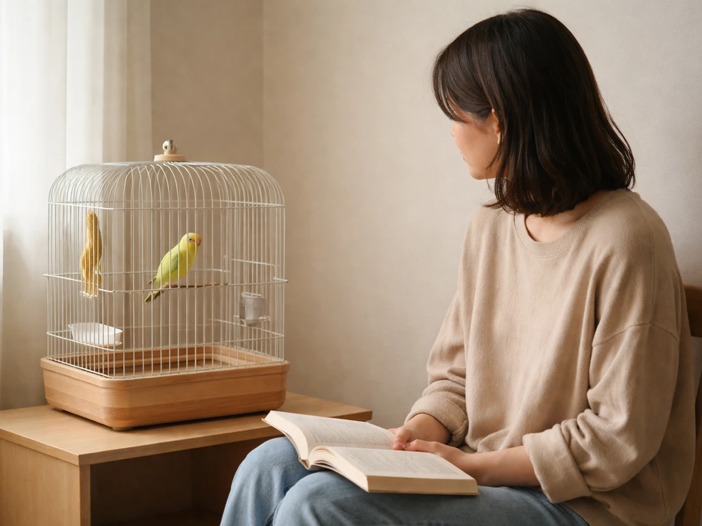 Quiet person seated beside a birdcage at a respectful distance while the bird watches from its perch.
