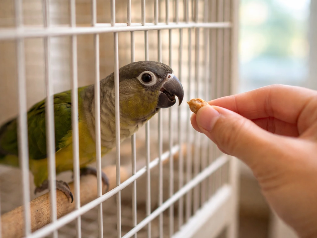 Trainer’s hand offers a treat through a cage bar as a parrot approaches at its own pace.