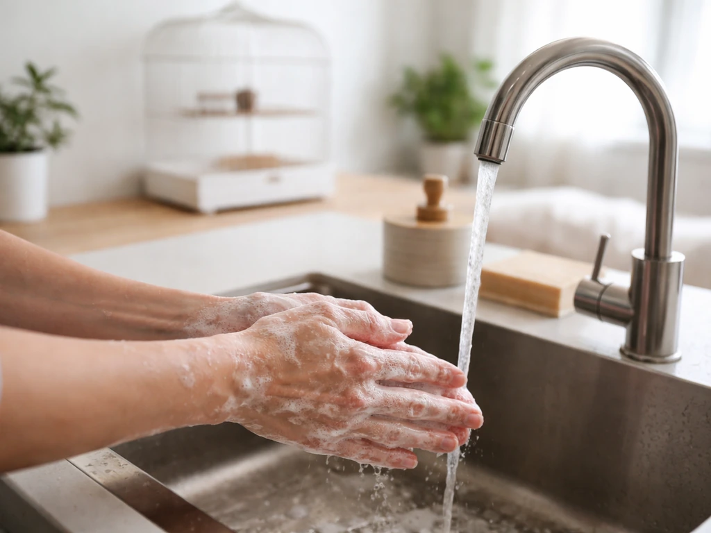 Person washing hands at a sink, clear room and bird cage/perch nearby, ready for safe handling.