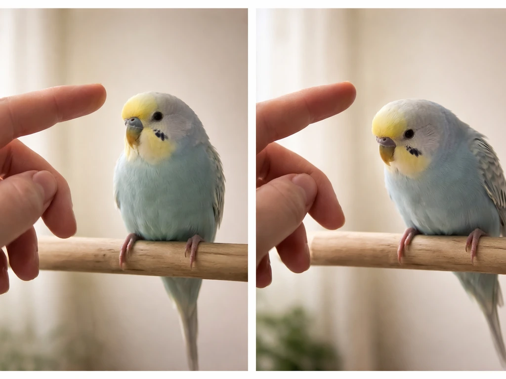Budgie on a perch with split view showing calm leaning in versus stressed leaning away