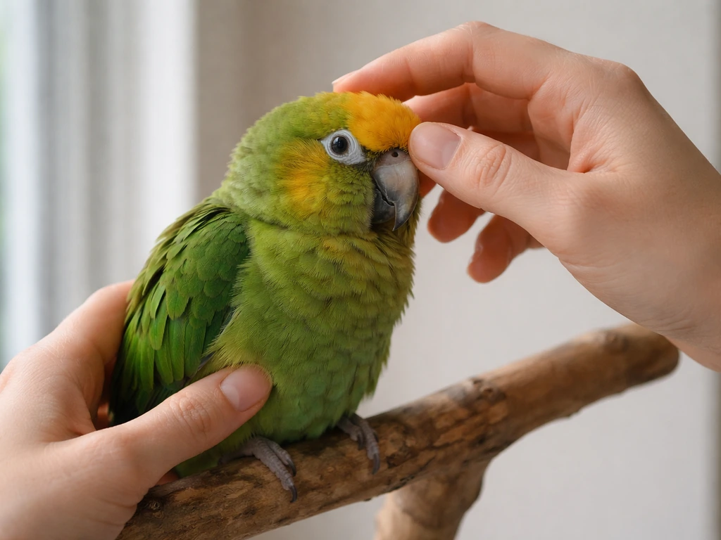 Hand gently supporting and lightly petting a calm parrot on the head and cheek while perched on a branch.