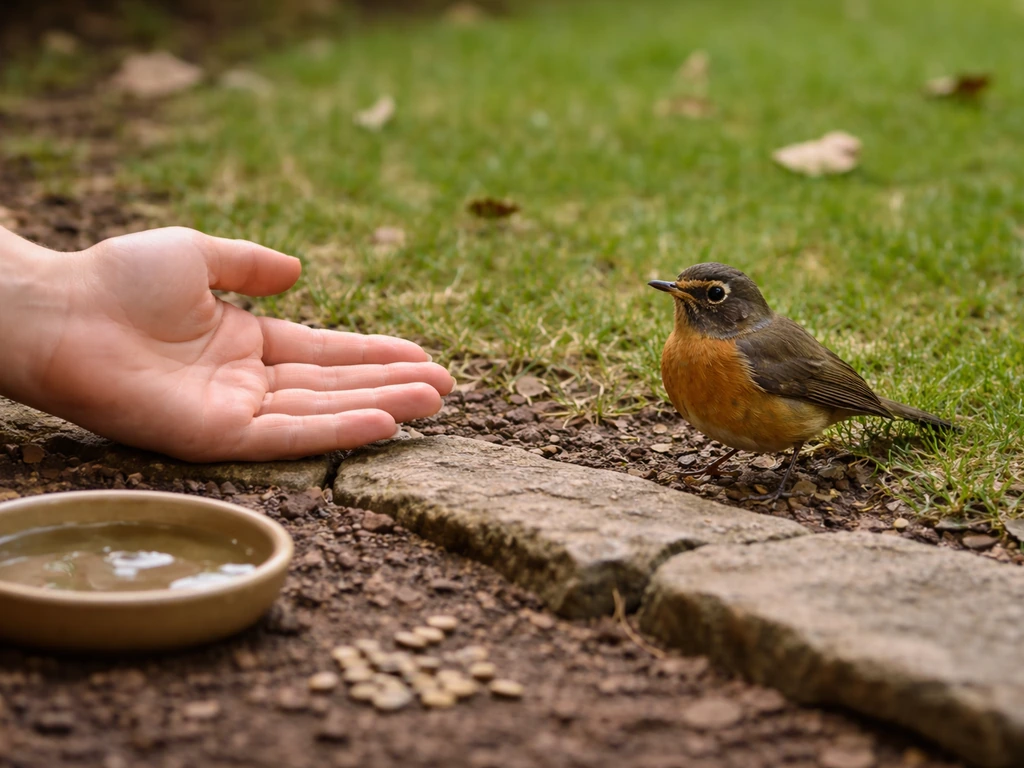 Wild backyard songbird near an open human hand, with water and seeds on the ground, giving space