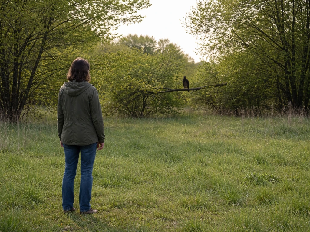 Person calmly observing a raptor from far away in an open field.