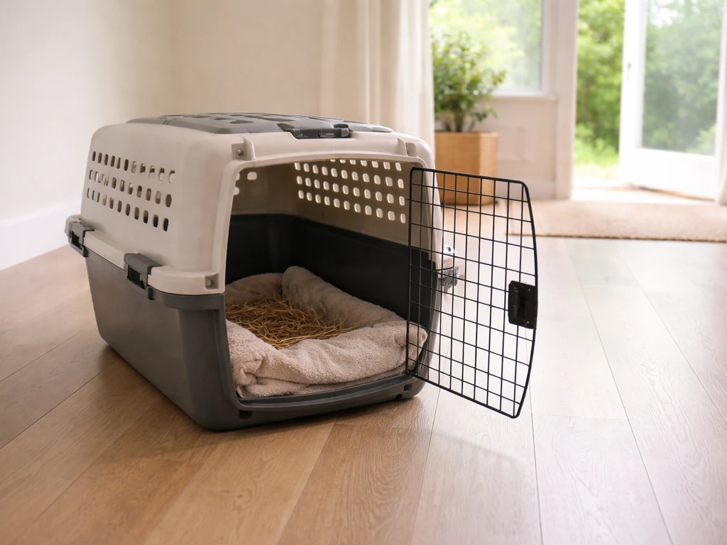 Humane animal carrier set up in a quiet room with bedding to reduce a bird’s stress
