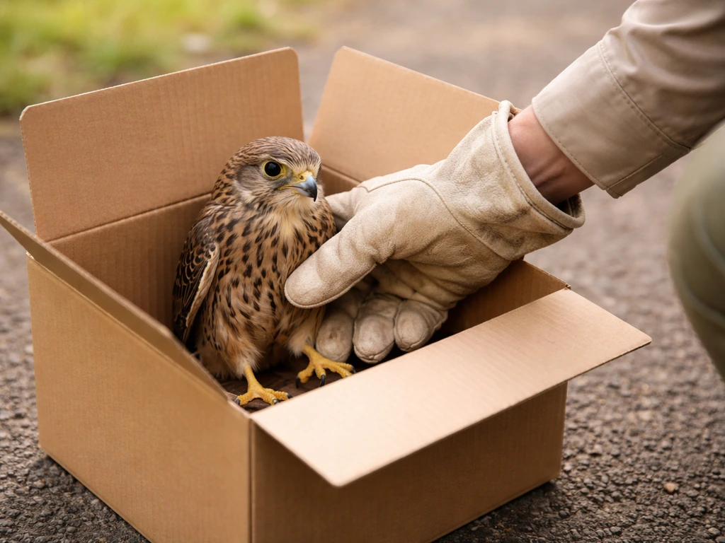 Gloved handler approaches from the side while a raptor stands controlled in an upright box carrier.