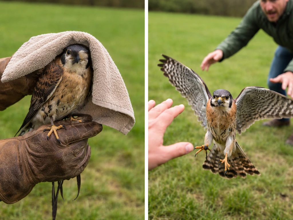 Split image showing safe raptor handling with gloves and a towel vs unsafe bare-hand grabbing and chasing.