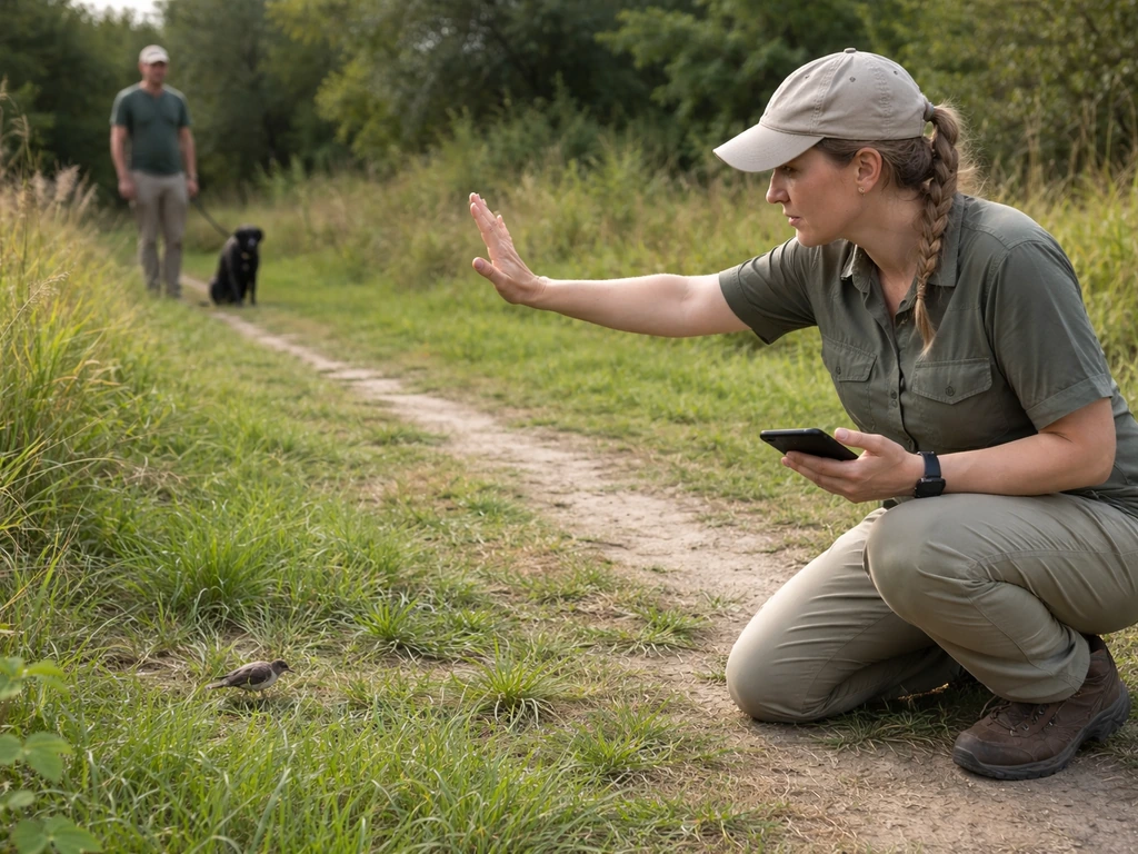 Calm falconry handler kneeling in a field, phone in hand, pets kept away after a bird escape