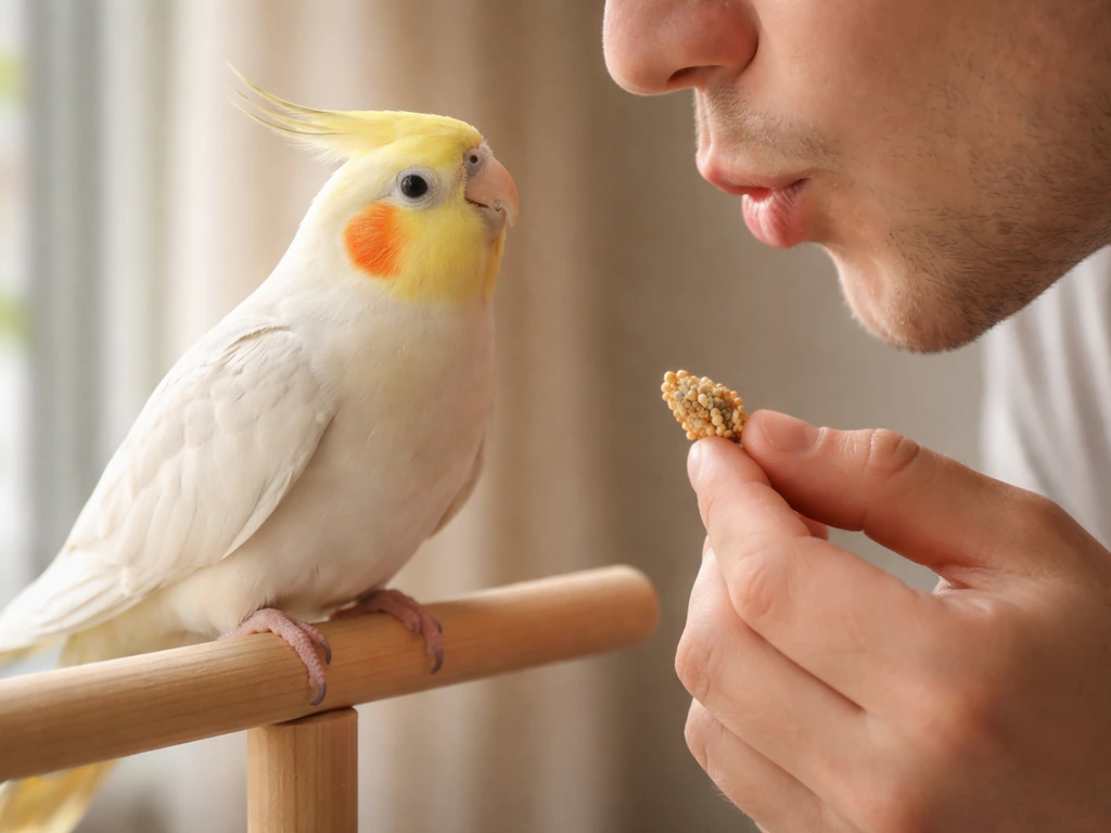 A cockatiel perched on a finger near a person’s out-of-focus face during gentle training.